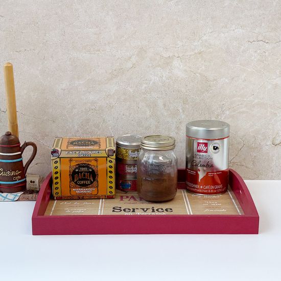 레드 내츄럴 우드 파리 카페 일러스트 데코 트레이