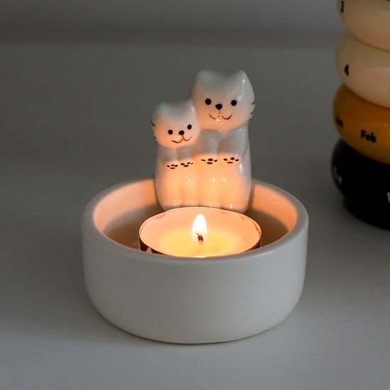 불쬐는 고양이 두마리 도자기 티라이트 캔들홀더