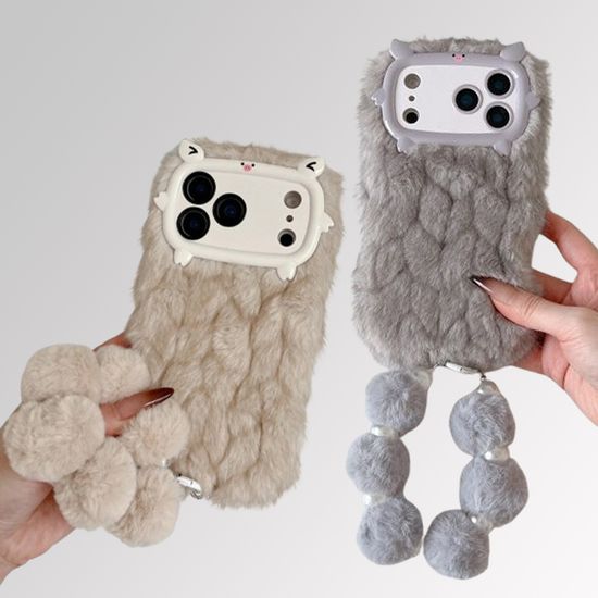 아이폰17 16 15 14 돼지 카메라커버 털 스트랩 케이스