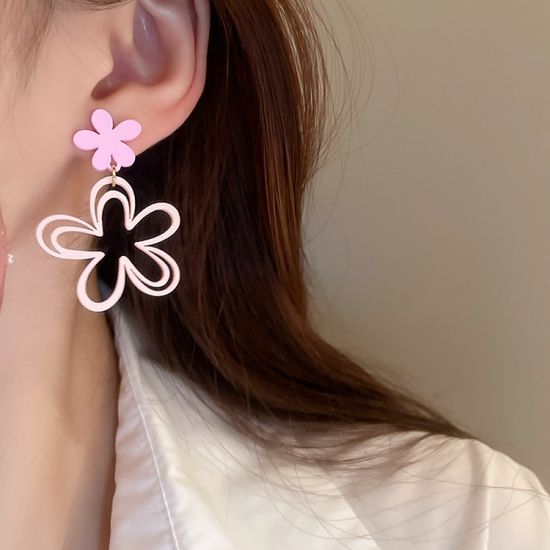 키치 팝 아트 빅 플라워 드롭 실버 925 은침 귀걸이