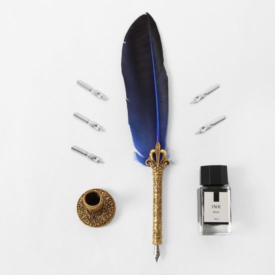 4종 골드구스 깃털펜 잉크 만년필 세트(네이비)