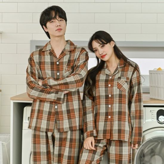 기모면 캐러맬 체크 커플 잠옷 파자마