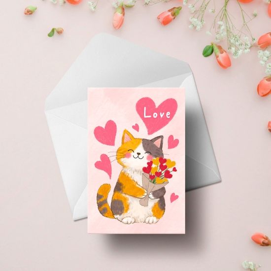 캘리엠 캘리그라피카드 LOVE(고양이와 꽃다발) 고양이