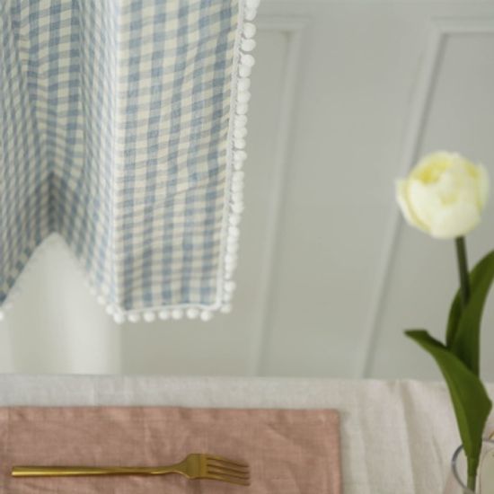 레브 체크 폼폼 커튼-블루