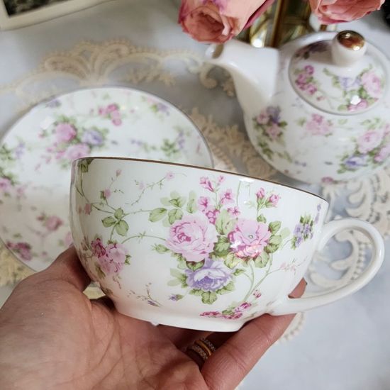 잉글리쉬 로즈 티포원 1인 티팟 찻잔 소서 세트