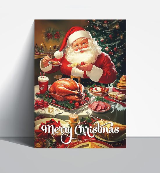 크리스마스 칠면조와 산타 인테리어 포스터