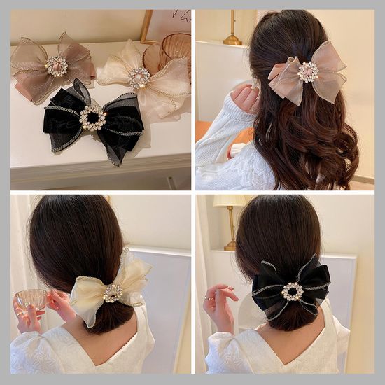 예쁜 쉬폰 큐빅 왕 리본 자동 머리 핀 반묶음 헤어 삔