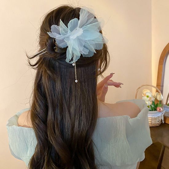 수채화 쉬폰 플라워 체인 진주 드롭 비녀 헤어비녀 핀