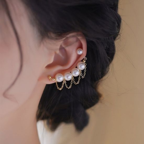 진주 큐빅 드롭 웨이브 이어커프 귀걸이 패션 귀고리