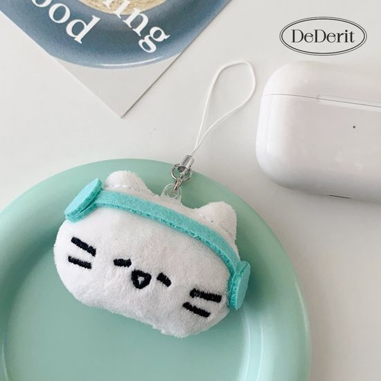 [데데리트]귀여운 민트 헤드셋 고양이 인형 폰줄 키링