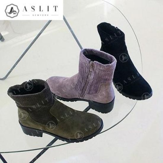 [애슬릿]둥근 코 미들 힐 니트 지퍼 스판 앵클 부츠