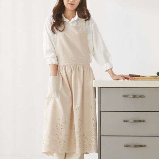 루나 홀리스 자수 펀칭 순면 롱 앞치마 아이보리