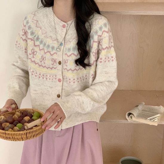 포근 핑크 노르딕 니트 가디건