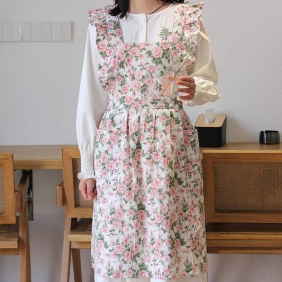 장미 꽃 플라워 앞치마 린넨 면 바리스타 모던 주방 