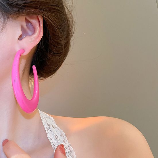 키치 복고 빅 C자형 핫핑크 그린 후프 귀걸이 컬러링