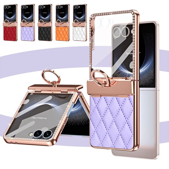 갤럭시 z플립7 퀄팅 가죽 큐빅 데코덴 힌지 링 케이스