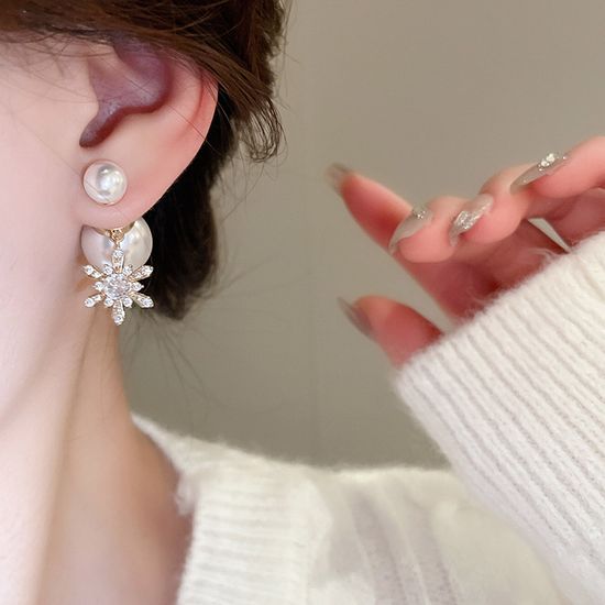 예쁜 눈꽃 리본 왕볼 진주 큐빅 드롭 귀걸이 귀고리
