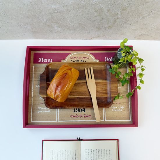 레드 내츄럴 우드 파리 카페 일러스트 데코 트레이