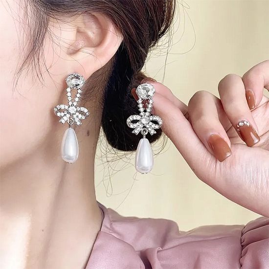 예쁜 큐빅 리본 물방울 진주 드롭 귀걸이 패션 귀고리