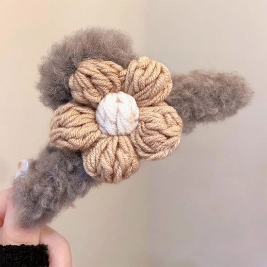 뜨개 플라워 뽀글이 털 집게 핀 예쁜 겨울 퍼 헤어 삔