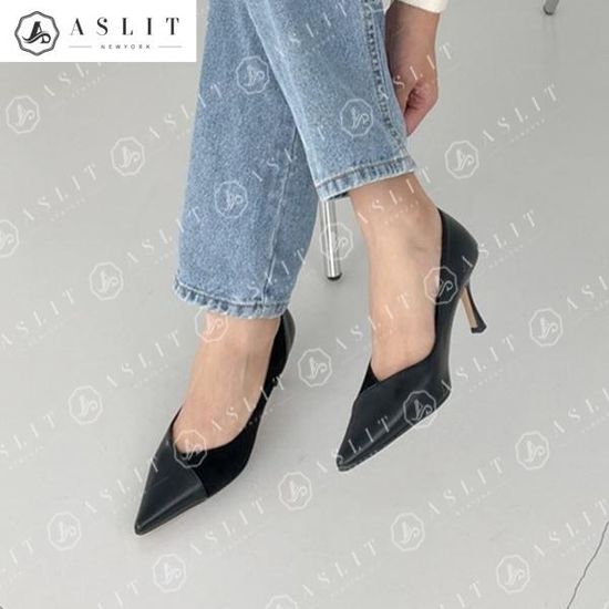 [애슬릿]스틸레토 스웨이드 블랙 미들 힐 펌프스