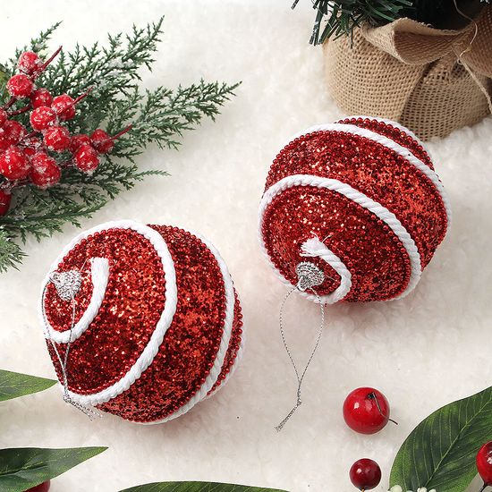 루비 레드 글리터 장식볼 2p(10cm) (화이트 라인)