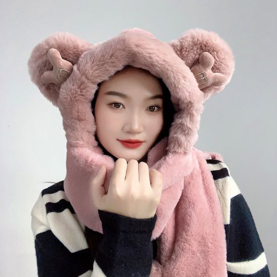 큐티베어 일체형 후드 머플러 모자목도리 후드머플러