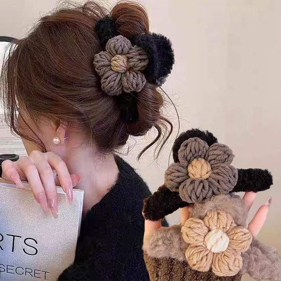 뜨개 플라워 뽀글이 털 집게 핀 예쁜 겨울 퍼 헤어 삔