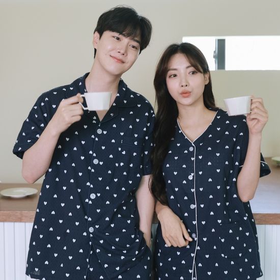 브라 내장)여름 통기성 소재 하트 커플 잠옷