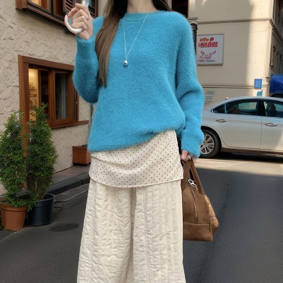 여성 오션 블루 벨벳 스웨터 긴팔 니트