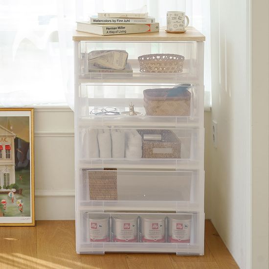 이노스 투명 우드상판 5단 플라스틱 서랍장 옷 정리함