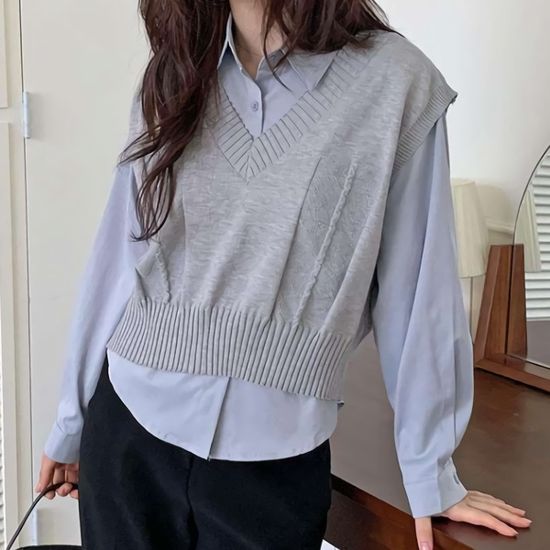 여성 브이넥 크롭 니트 조끼 베이직 셔츠 세트