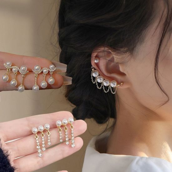 진주 큐빅 드롭 웨이브 이어커프 귀걸이 패션 귀고리