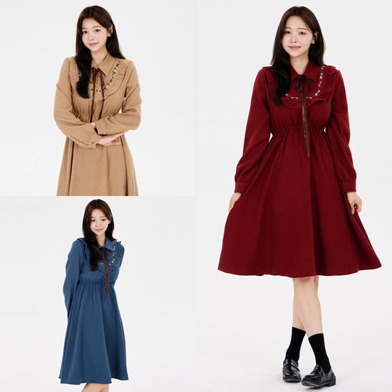 (대여) 빈티지 허리밴딩 라운드 레이스 긴팔 원피스