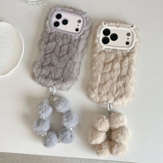 아이폰17 16 15 14 돼지 카메라커버 털 스트랩 케이스