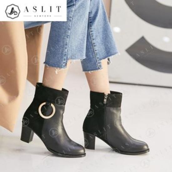 [애슬릿]여성 가죽 링 금장 투톤 앵클 부츠 힐 6cm