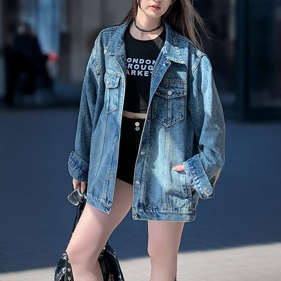 여성 아메리칸 데님 긴팔 빈티지 카라넥 자켓