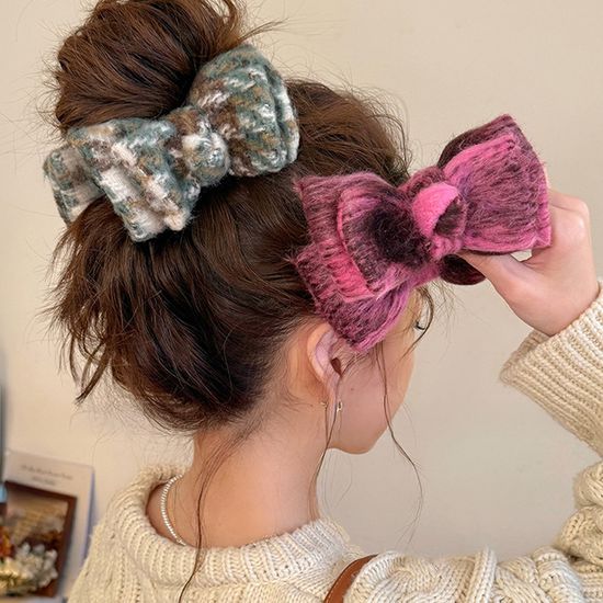 러블리 울 니트 빅 리본 털 퍼 헤어 집게핀 겨울 삔