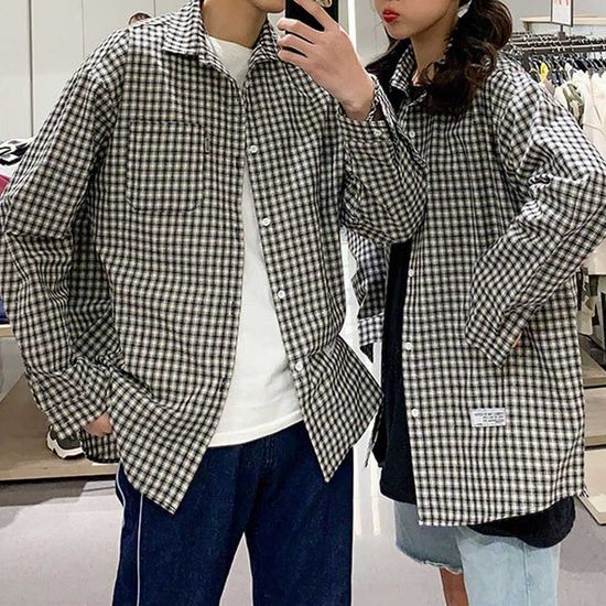 무채색 체크 패턴 커플룩 남방