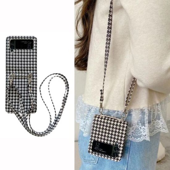 갤럭시 z플립4 귀여운 체크 목걸이 스트랩 줄 케이스