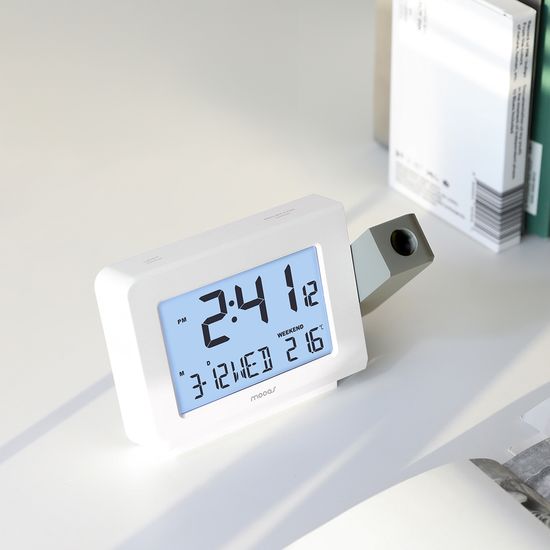 무아스 클리어빔 프로젝션 탁상시계 온도 달력 알람