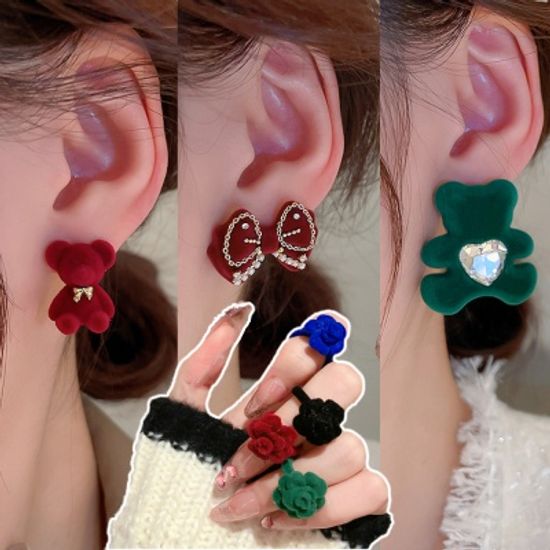 크리스마스 벨벳 곰돌이 리본 패션 귀걸이 장미 반지