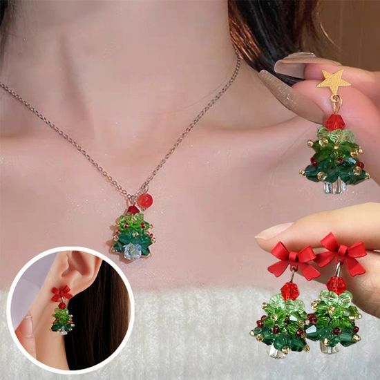 크리스마스트리 비즈 레드리본 별 드롭 귀걸이 목걸이