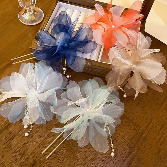 수채화 쉬폰 플라워 체인 진주 드롭 비녀 헤어비녀 핀