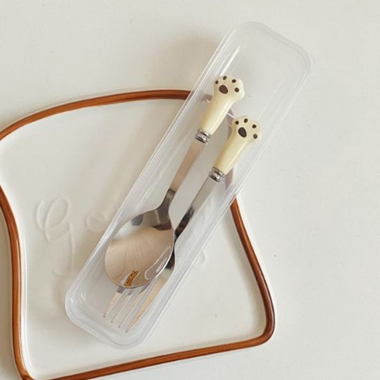 꾹꾹냥이 휴대용 숟가락 포크 세트 동물포크 아이보리