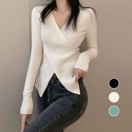 골지 브이넥 여성 니트티 여성니트 얇은 트임 봄 가을