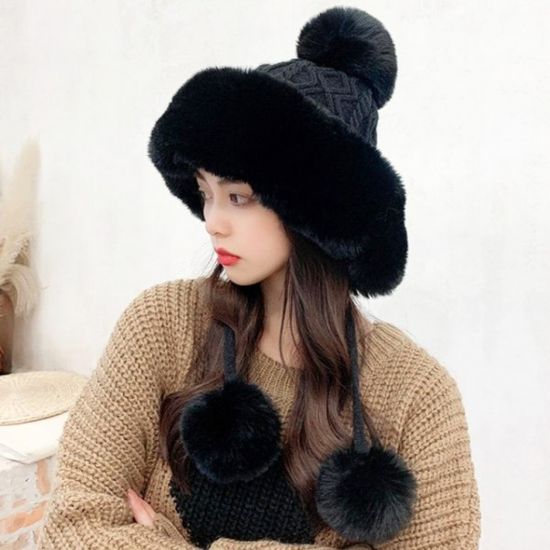 왕방울 꽈배기 니트 털 모자