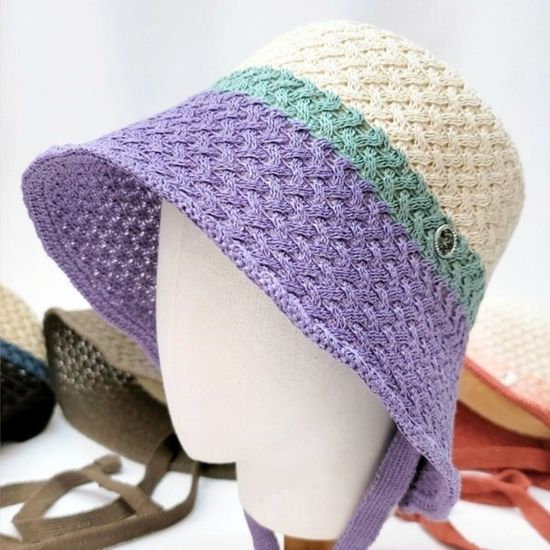 [애슬릿]여름 니트 여성 배색 벙거지 보넷 휴양지모자