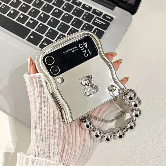 갤럭시 z플립 5 4 3 실버 메탈릭 물결 스트랩 케이스