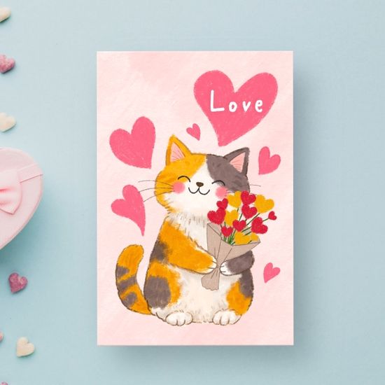 캘리엠 캘리그라피카드 LOVE(고양이와 꽃다발) 고양이